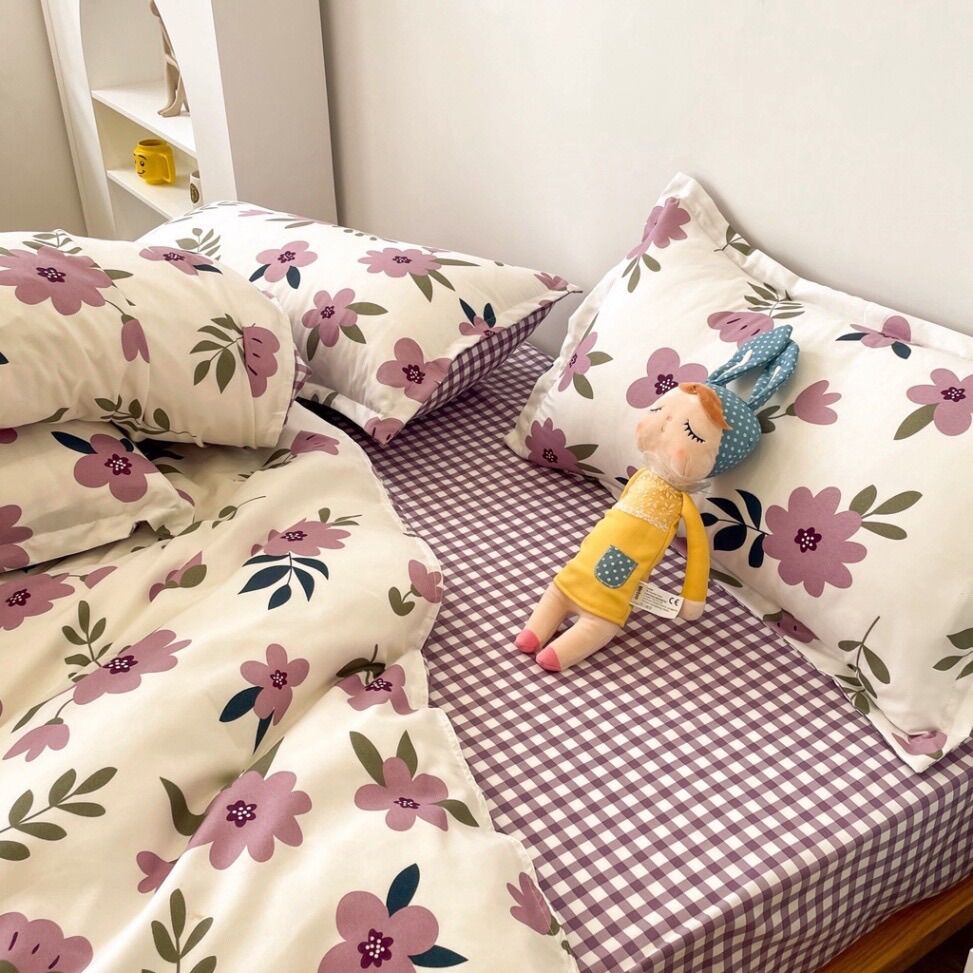 Chăn ga gối cotton poly - Mẫu hoa sim tím.