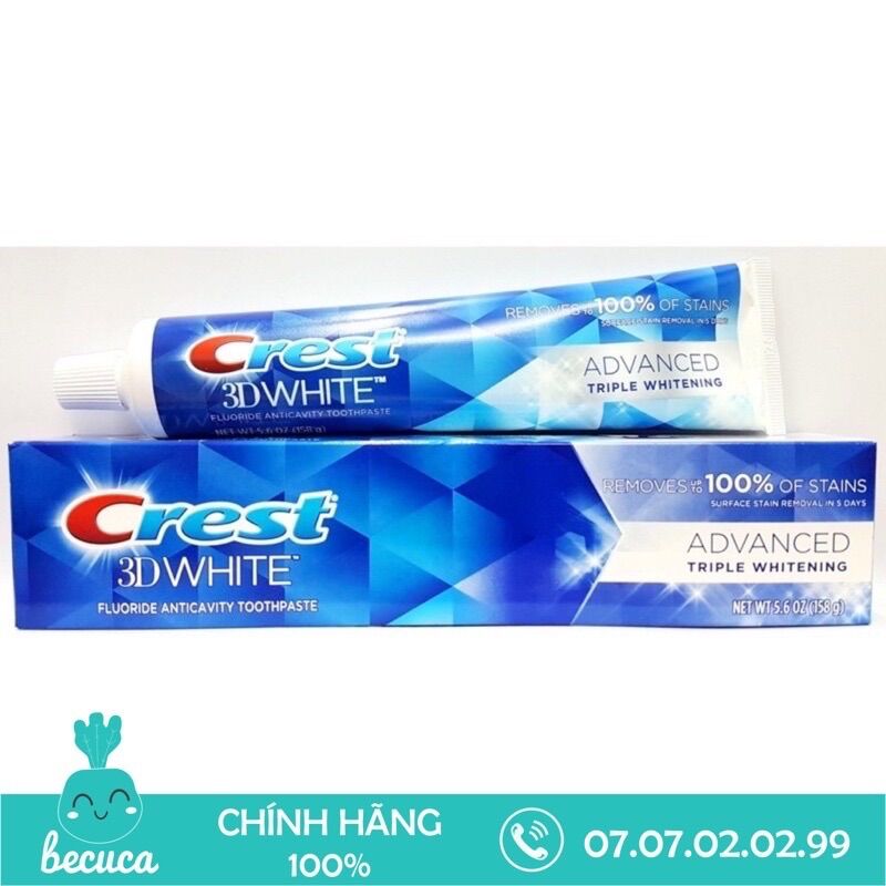 Kem đánh răng crest 3d white advanced 158g mỹ, trắng răng sau 3 ngày, chống mảng bám suốt 12h