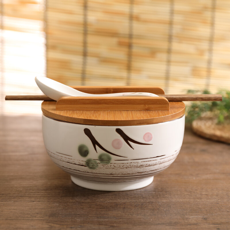 Bộ đồ ăn nhật bản bát canh bát lớn cổ điển kiểu hàn lót bát ăn cơm bát pha mỳ gốm sứ màu đen kiểu nhật đũa thìa có nắp