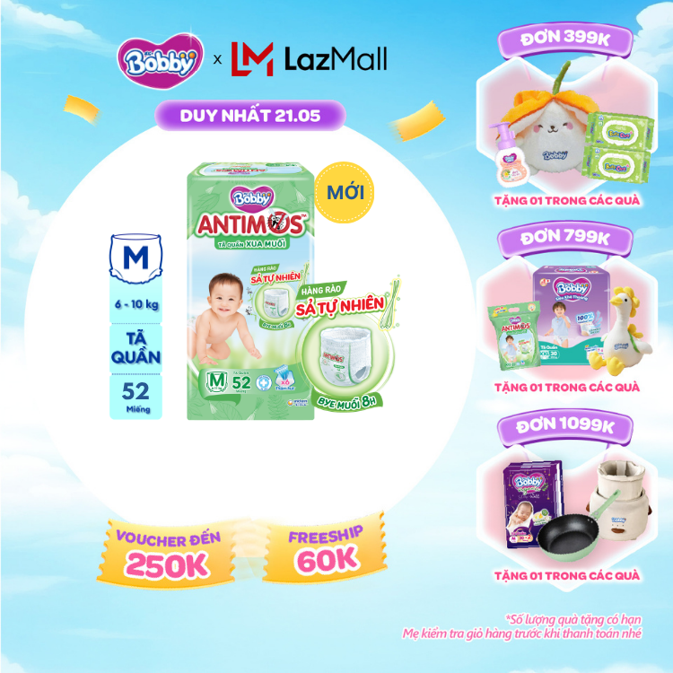 [SALE CUỐI THÁNG tặng QUÀ TO-SLCH][MỚI] Tã Quần Xua Muỗi Bobby Antimos – Hàng rào Sả tự nhiên Bye Muỗi 8H - Size M 52 miếng