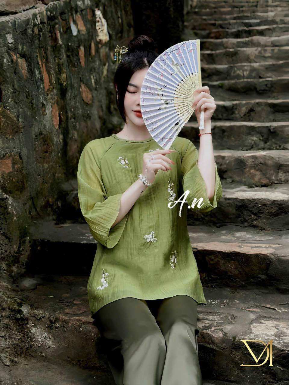Đồ lam đi chùa,Bộ phật tử,Đồ đi chùa,Bộ lụa thêu hoa