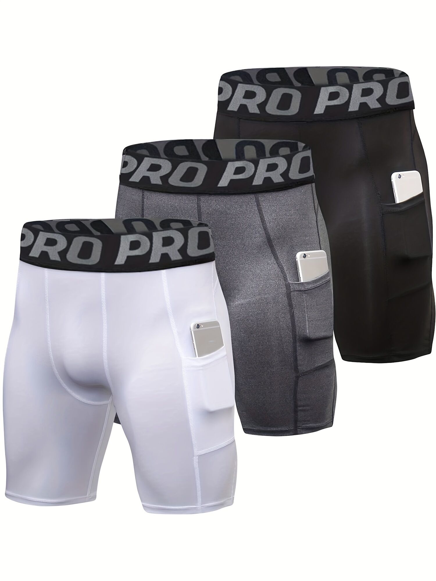Bộ 3 Quần Short Nén Nam Có Túi Đựng Điện Thoại Nhanh Khô Polyester Thể Thao Chạy Bộ Tập Luyện Quần L