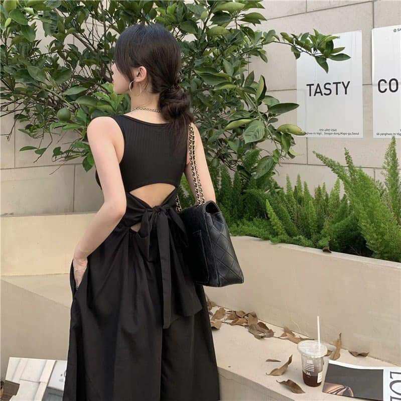 VÁY ĐẦM NỮ MAXI KHOÉT LƯNG BUỘC NƠ ĐEN CỔ TRÒN