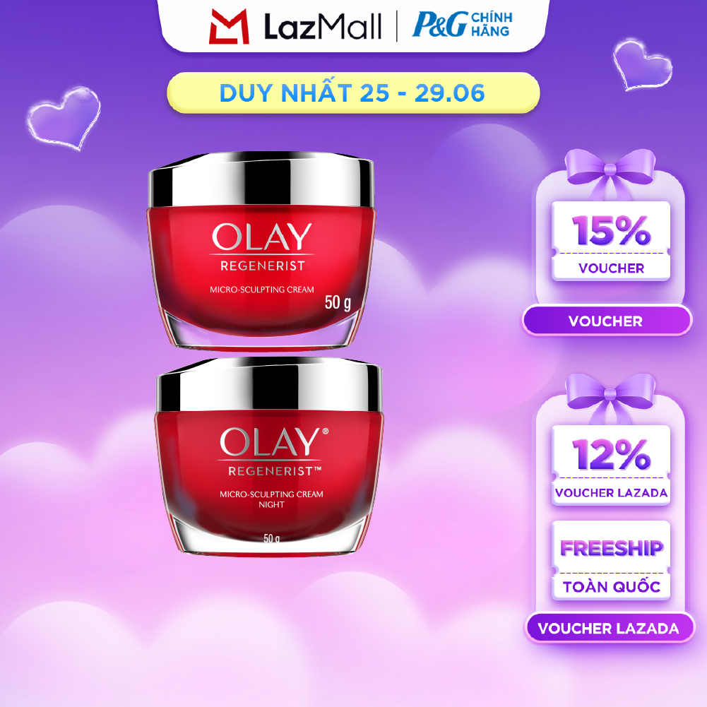 Combo Kem Dưỡng Ngày  Đêm OLAY REGENERIST Căng Mướt, Sáng Khỏe  Phục Hồi Dấu Hiệu Lão Hóa Hũ 50G