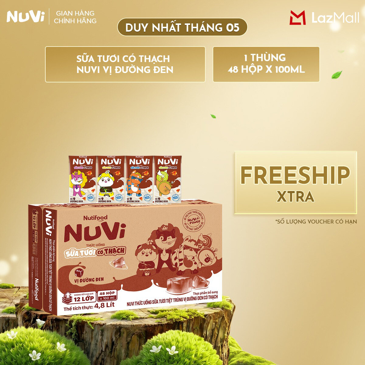 Thùng 48 Hộp Thức Uống Sữa Tươi Có Thạch NuVi Vị Đường Đen 100ml