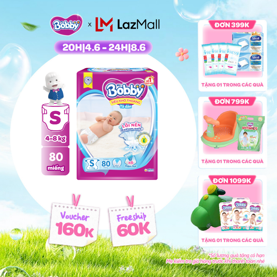 [QUÀ TẶNG HẤP DẪN TỪ 9-10.6]Tã dán sơ sinh Bobby S80 mới- Lõi nén thần kỳ 3mm