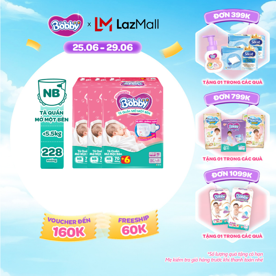[SALE CUỐI THÁNG tặng QUÀ TO-SLCH][MỚI][TẶNG MIẾNG] Combo 3 gói tã quần mở một bên Bobby dành cho bé sơ sinh size NB70+6