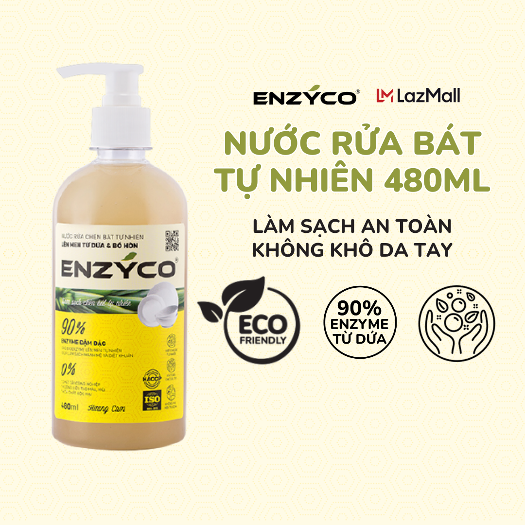 Nước rửa bát sinh học ENZYCO chai 480ML - 90% Enzyme từ dứa giúp làm sạch mạnh mẽ, diệt khuẩn, dành cho da nhạy cảm - Hương cam