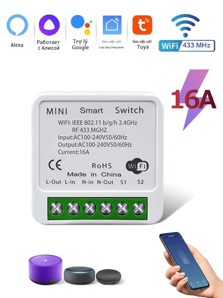 16a 433 MHz Tuya Wifi Mini Mô-đun chuyển đổi thông minh Điều khiển 2 chiều Tương thích với Alexa Google Home Lệnh bằng giọng nói Ứng dụng cuộc sống thông minh Tuya