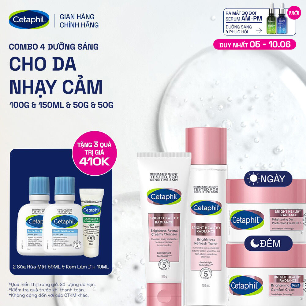 Trọn bộ 4 sản phẩm dưỡng sáng Cetaphil Bright Healthy Radiance Sữa rửa mặt 100g + Nước cân bằng 150ml + Kem dưỡng ẩm ngày 50g và Kem dưỡng ẩm đêm 50g