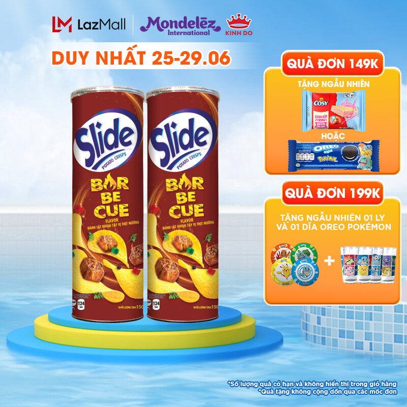 Bánh lát snack khoai tây Slide vị thịt nướng, combo 2 lon x 150g