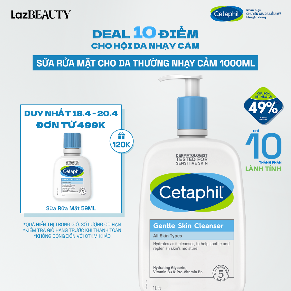 [VC 12% + QUÀ 120K] Sữa rửa mặt dịu lành cho da nhạy cảm Cetaphil Gentle Skin Cleanser 1000ml