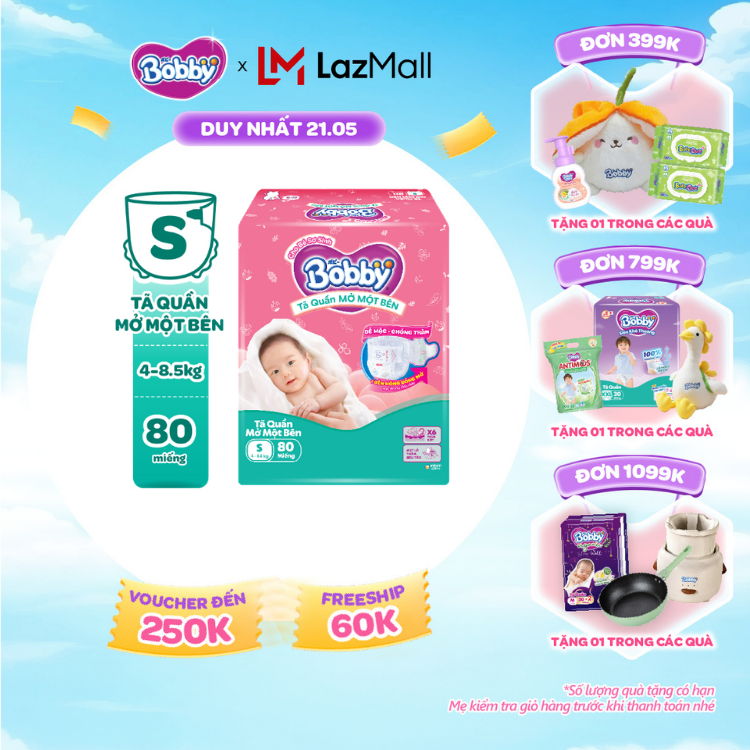[SALE CUỐI THÁNG tặng QUÀ TO-SLCH][TẶNG MIẾNG] Tã quần mở một bên Bobby dành cho bé sơ sinh size S80