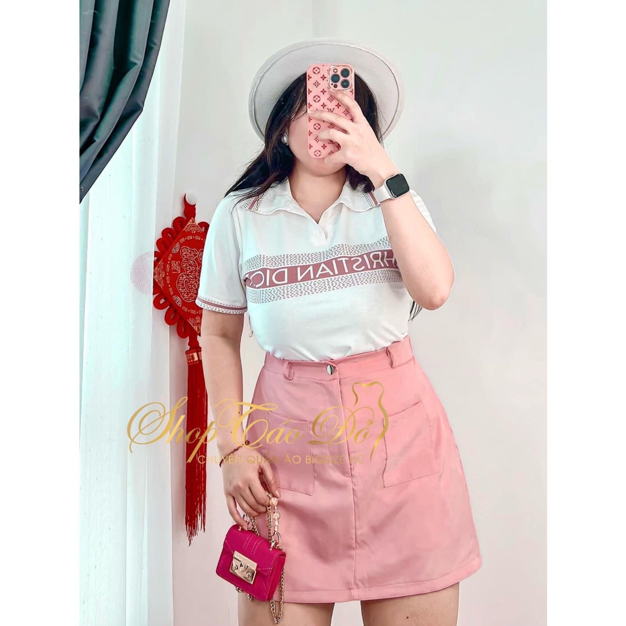 (Shop Táo Đỏ Bigsize 50kg-90kg) Set áo thun cổ trụ mix chân váy chữ A - màu hồng, đen - SV76