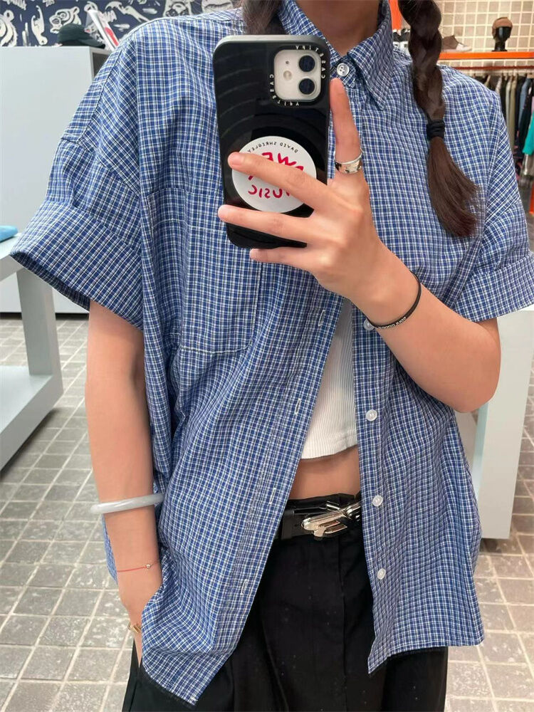 Áo Sơ Mi Cotton Tay Ngắn Dáng Rộng Cổ Polo Họa Tiết Kẻ Caro Thường Ngày Cho Nữ Mùa Hè 2023 Áo Sơ Mi 