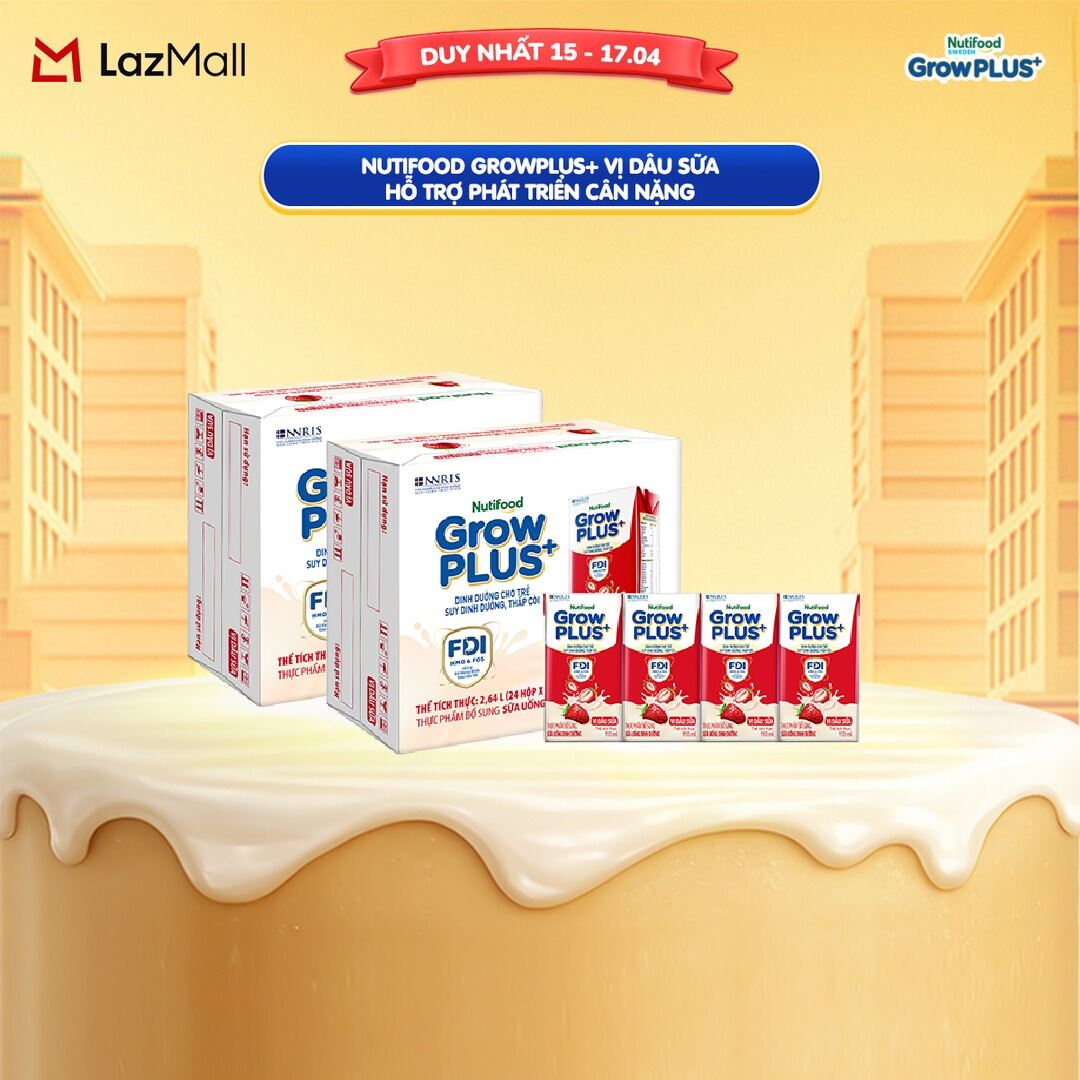 Combo 2 Thùng 24 hộp Sữa nước pha sẵn Nutifood GrowPLUS+ Vị Dâu Sữa hộp 110ml - Hỗ trợ phát triển cân nặng