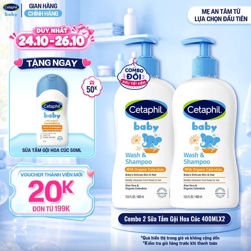 Combo 2 Sữa tắm gội dưỡng ẩm dịu lành cho bé với Calendula hoa cúc hữu cơ CETAPHIL BABY WSHAMPOO CALENDULA 400ML/Chai