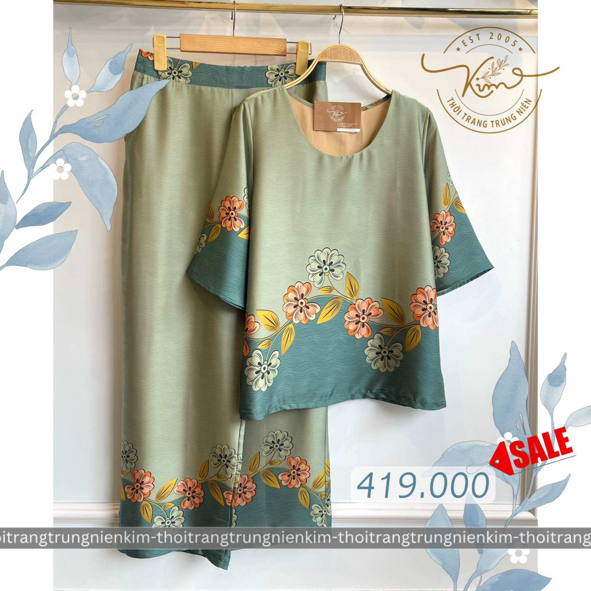 Sét bộ lụa trung niên cao cấp hoa văn hoạ tiết đơn giản xinh xắn Bigsize quần dài 90cm