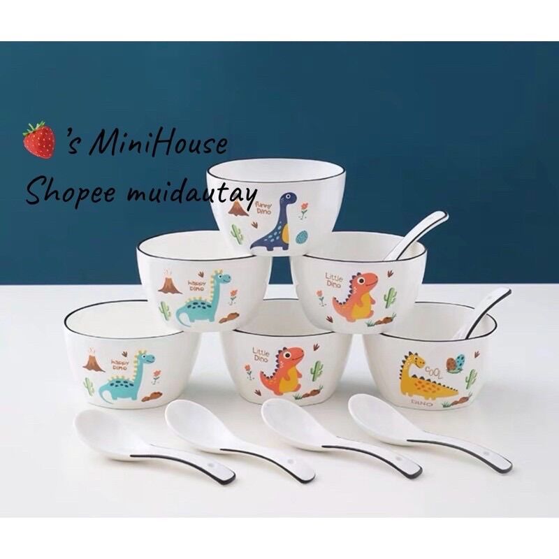 Set 4 bát cơm vuông kèm thìa sứ