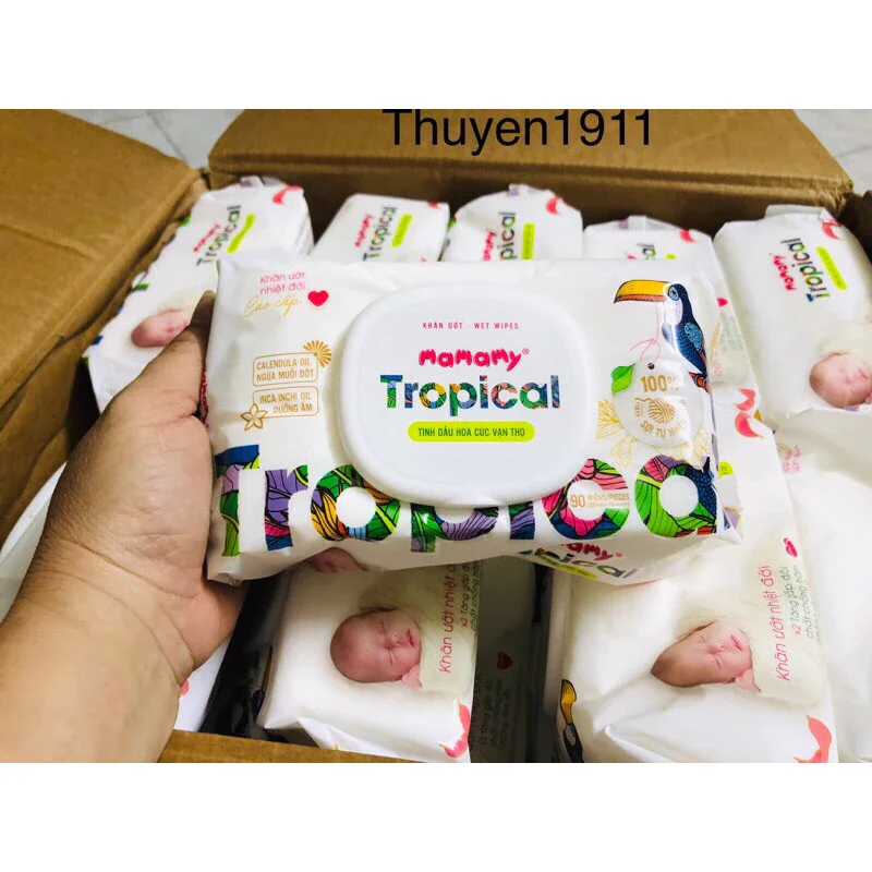 Combo 10 gói khăn ướt Mamamy Tropical 90 tờ từ sợi tự nhiên và rayon