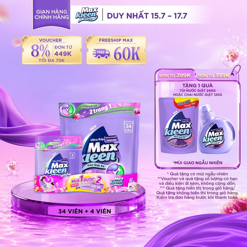 [TĂNG 4 VIÊN, GIÁ KHÔNG ĐỔI] Túi Viên Giặt Xả MaxKleen Hương Nước Hoa Huyền Diệu (Túi 34+4 Viên)