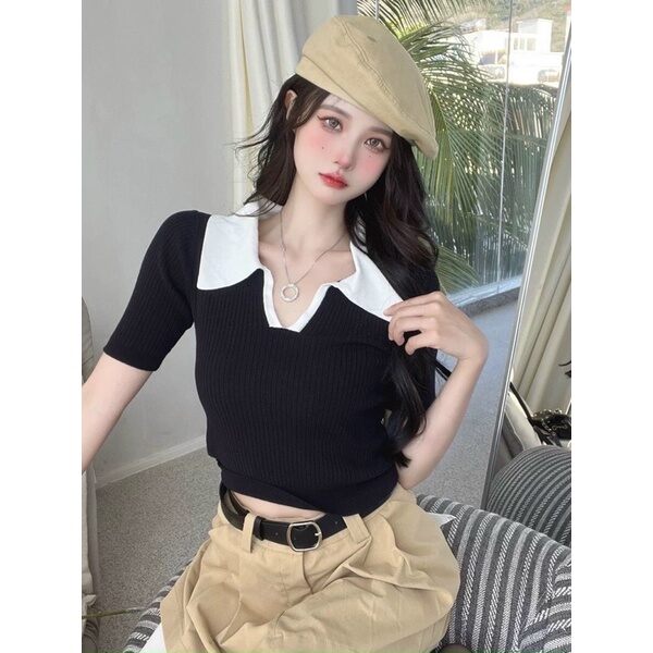 ÁO CROPTOP KIỂU CỔ BẺ PHỐI MÀU XINH H6