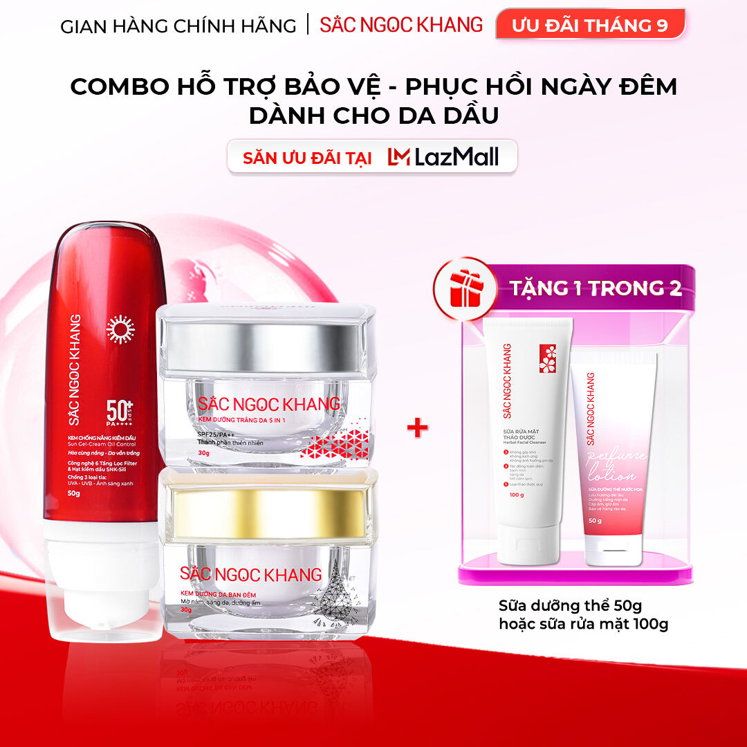 Combo Sắc Ngọc Khang Dưỡng Da Cao Cấp: Kem Ngày Nâng Tông SPF25/PA++++, Kem Đêm Mờ Nám và Chống Nắng Kiềm Dầu