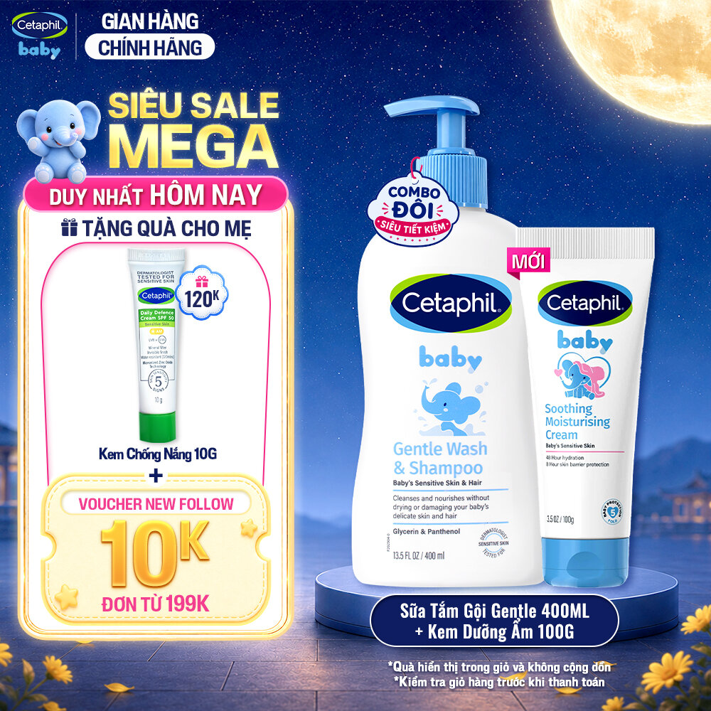 Combo Sữa tắm gội dịu lành cho bé CETAPHIL BABY GENTLE WASH  SHAMPOO 400ML  Kem làm dịu và dưỡng ẩm cho bé Cetaphil Baby Soothing  Moisturising Cream tuýp 100g