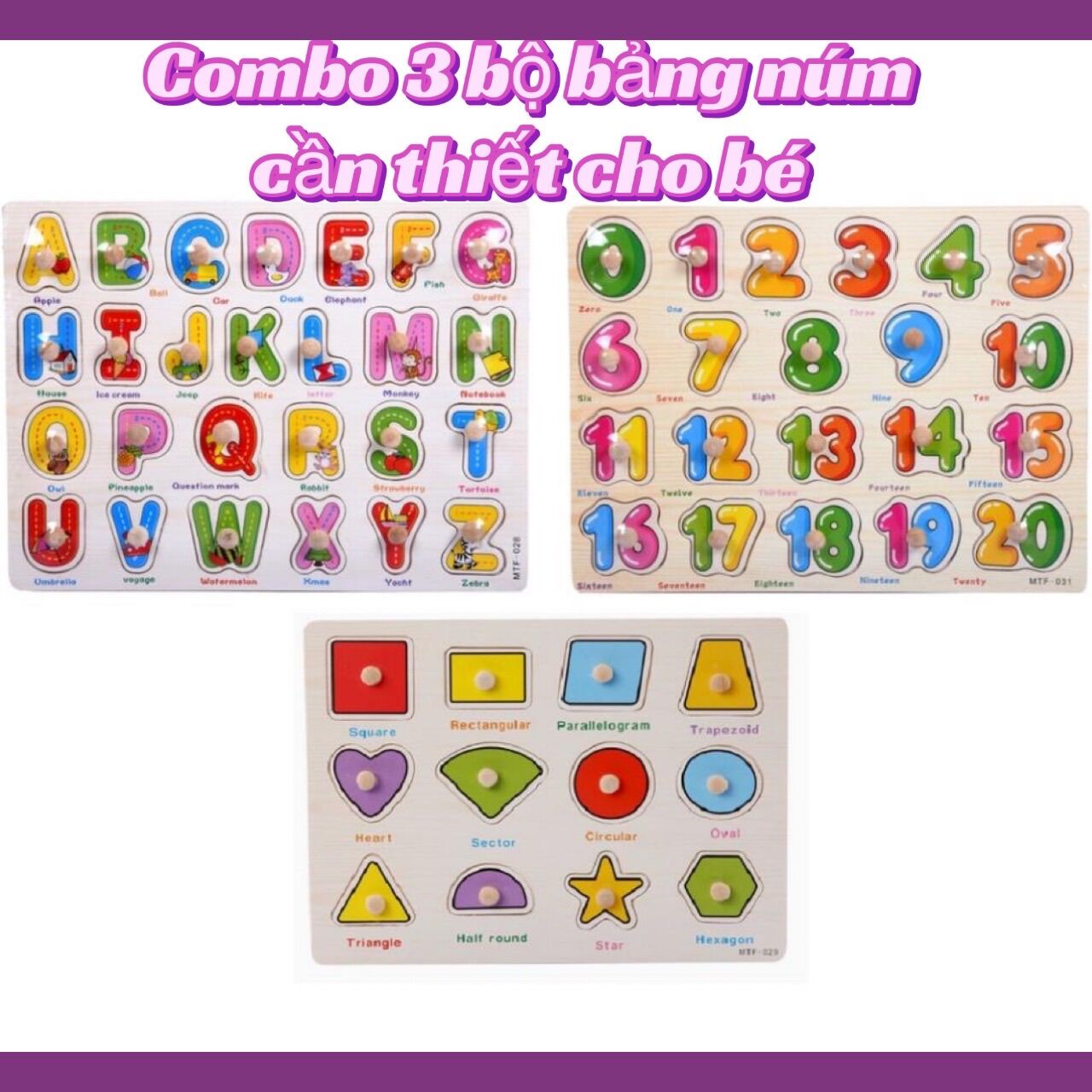 3 bảng núm gỗ lắp ghép chữ, 20 số và hình khối cho bé