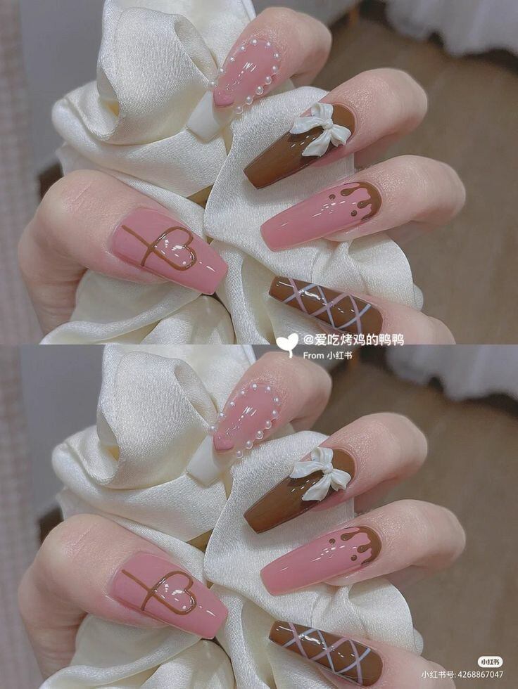 Mẫu NailBox Tone Hồng Nâu đính nơ