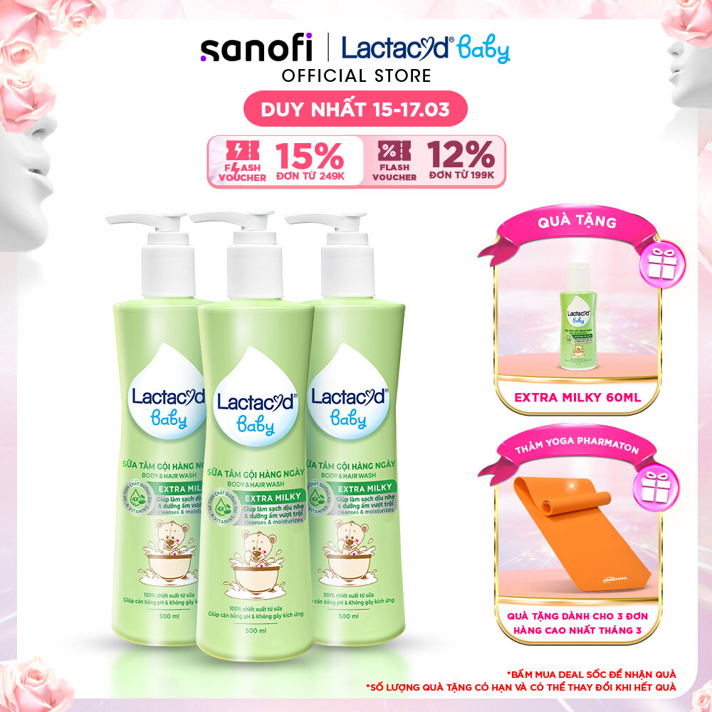 Bộ 3 chai Sữa Tắm Gội Trẻ Em Lactacyd Baby Extra Milky Làm Sạch Dịu Nhẹ và Dưỡng Ẩm Vượt Trội 500ml/chai