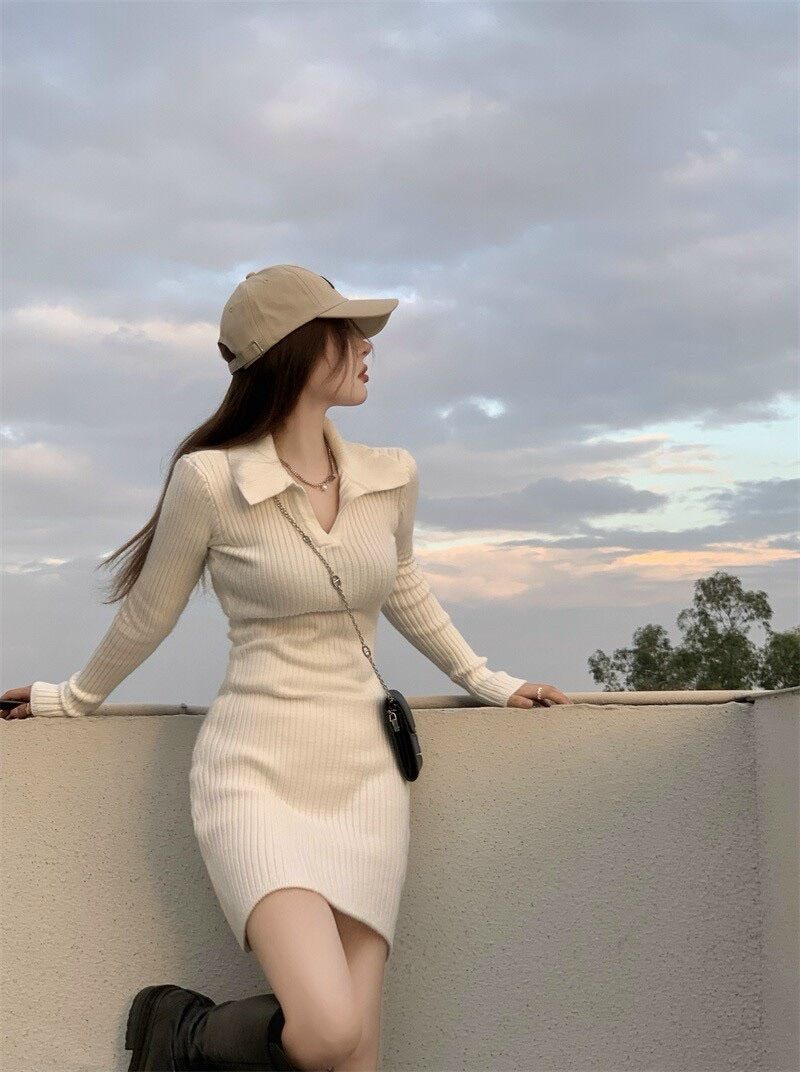 Đầm body gân tăm trơn cổ bẻ BDT1