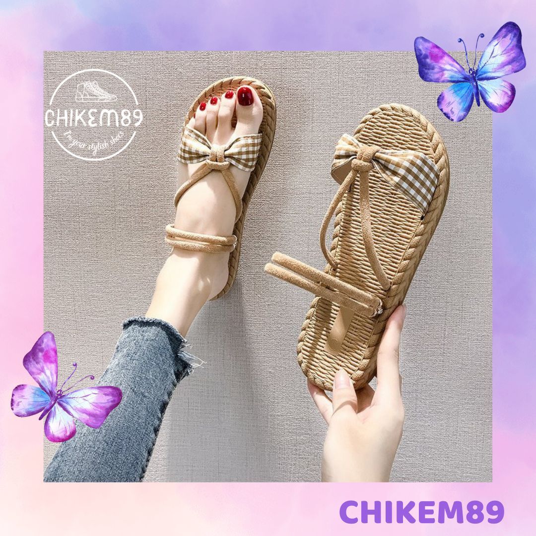 Sandal nữ nơ vải, đế cói, 2 in 1 (đeo được 2 kiểu) quai ngang HOT TREND 2020 (SDN666)