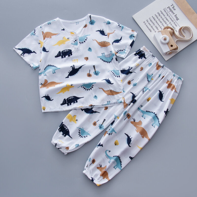 Đồ ngủ lụa cotton, đồ mặc ở nhà mỏng cho bé trai mùa hè cho trẻ em, bộ quần áo điều hòa cho bé trai lụa bông cho bé gái