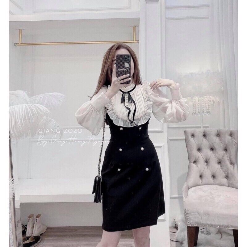 Váy đen phối tay tơ bèo đính nơ, đầm thiết kế cổ bèo siêu xinh có ảnh thật