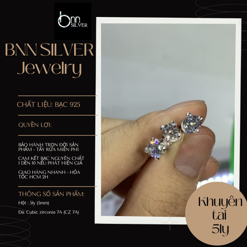 Bông tai 5li bạc nam nữ đá cz không đục không mờ(giá 1 chiếc)