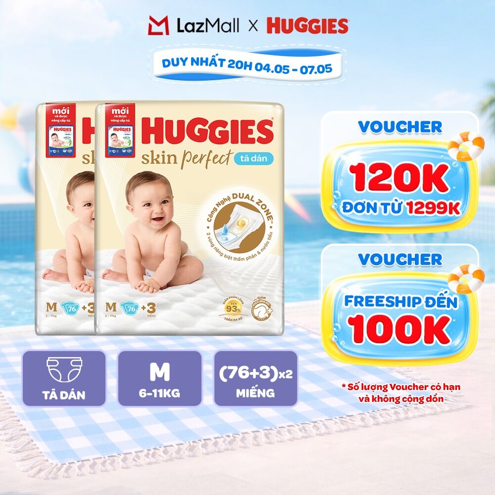 Combo 2 Tã/bỉm dánHuggies Skincare Super Jumbo M76+3/L68/XL60/XXL54