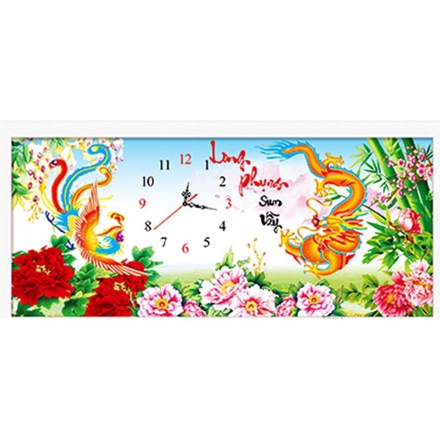 Tranh đính đá đồng hồ long phụng sum vầy lv139 94x45cm chưa đính đá