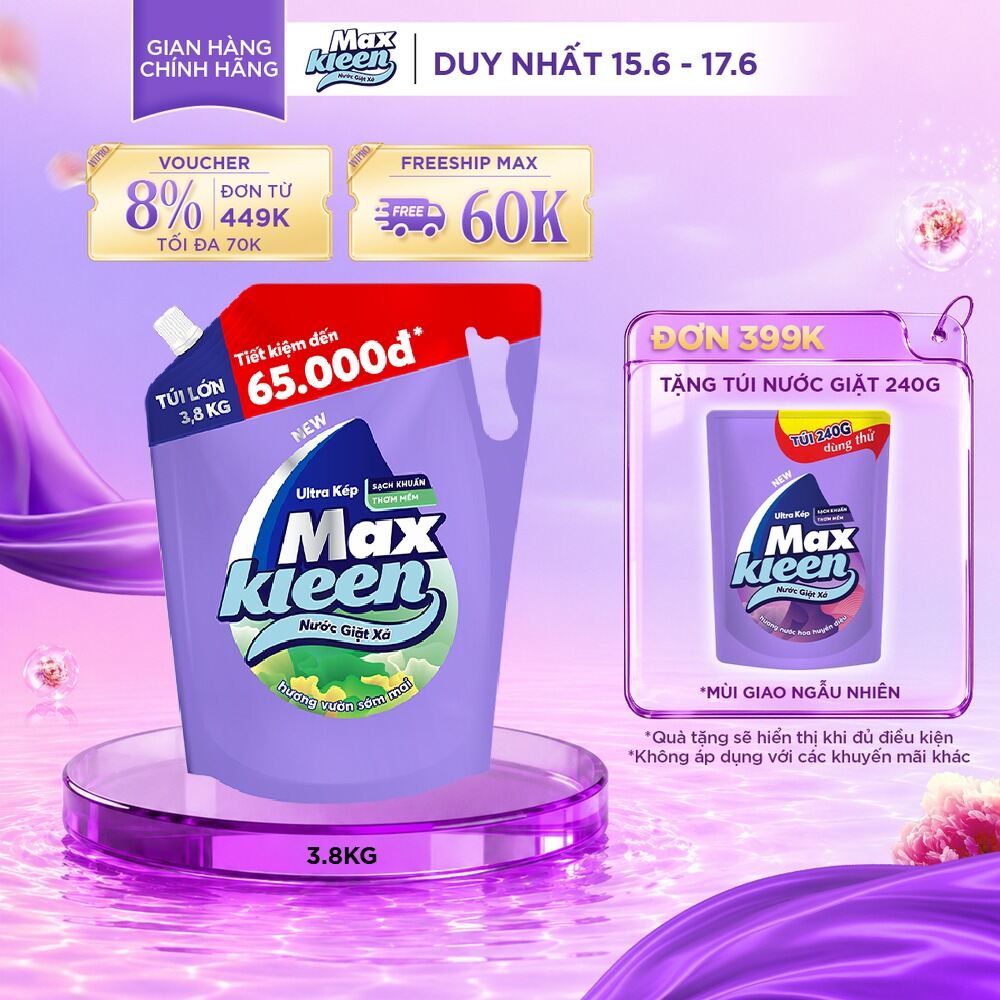 Túi Nước Giặt Xả MaxKleen 3.8kg/ 3.6kg (Huyền Diệu/ Hoa Nắng/ Vườn Sớm Mai/ Thiên Nhiên)