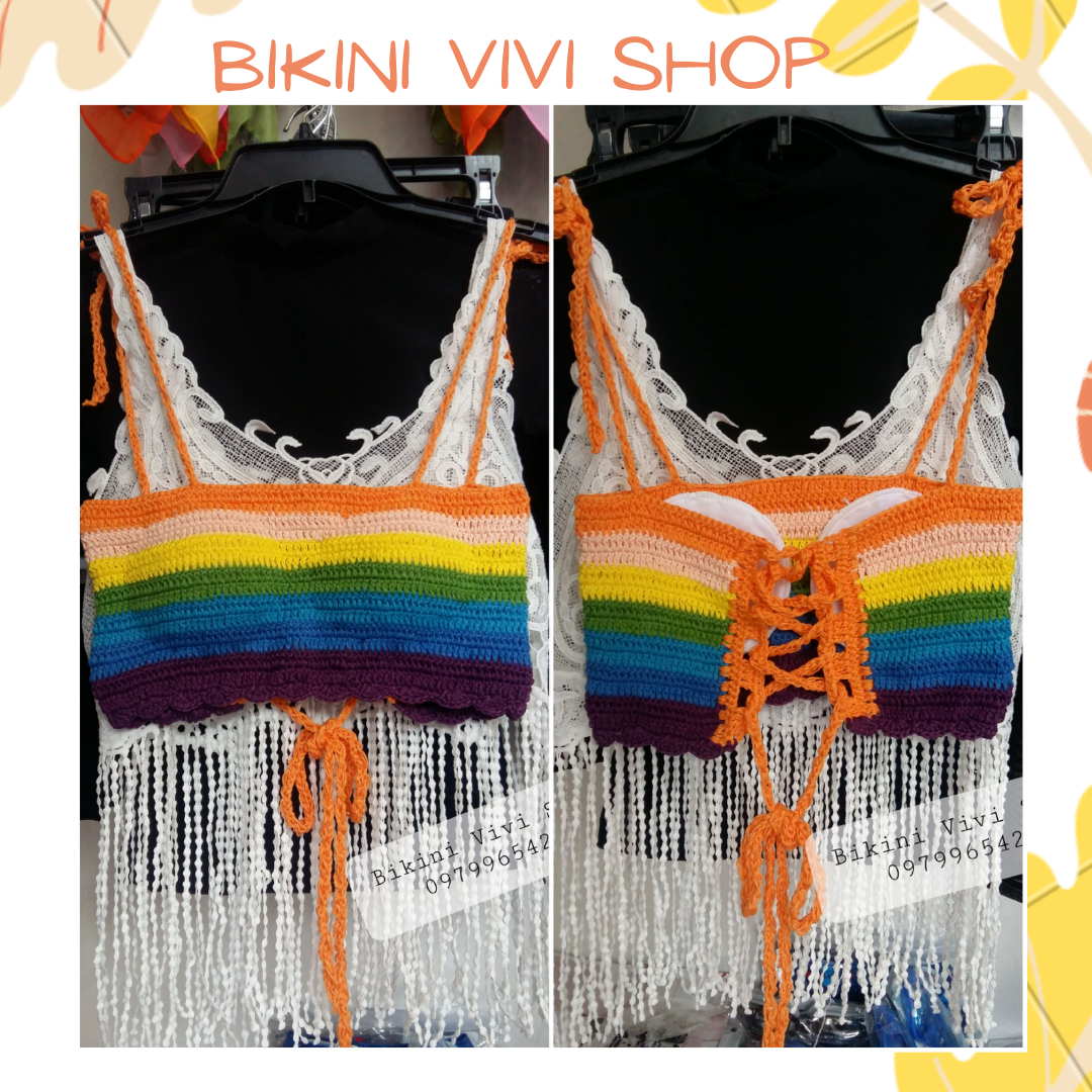 Áo len móc đi biển, bikini đan tay 2 dây cầu vồng Vivi Shop