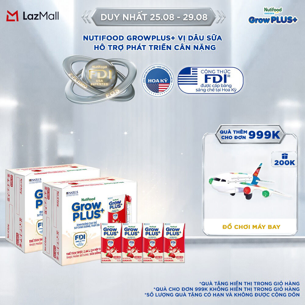 Combo 2 Thùng 24 hộp Sữa nước pha sẵn Nutifood GrowPLUS+ Vị Dâu Sữa hộp 110ml - Hỗ trợ phát triển cân nặng