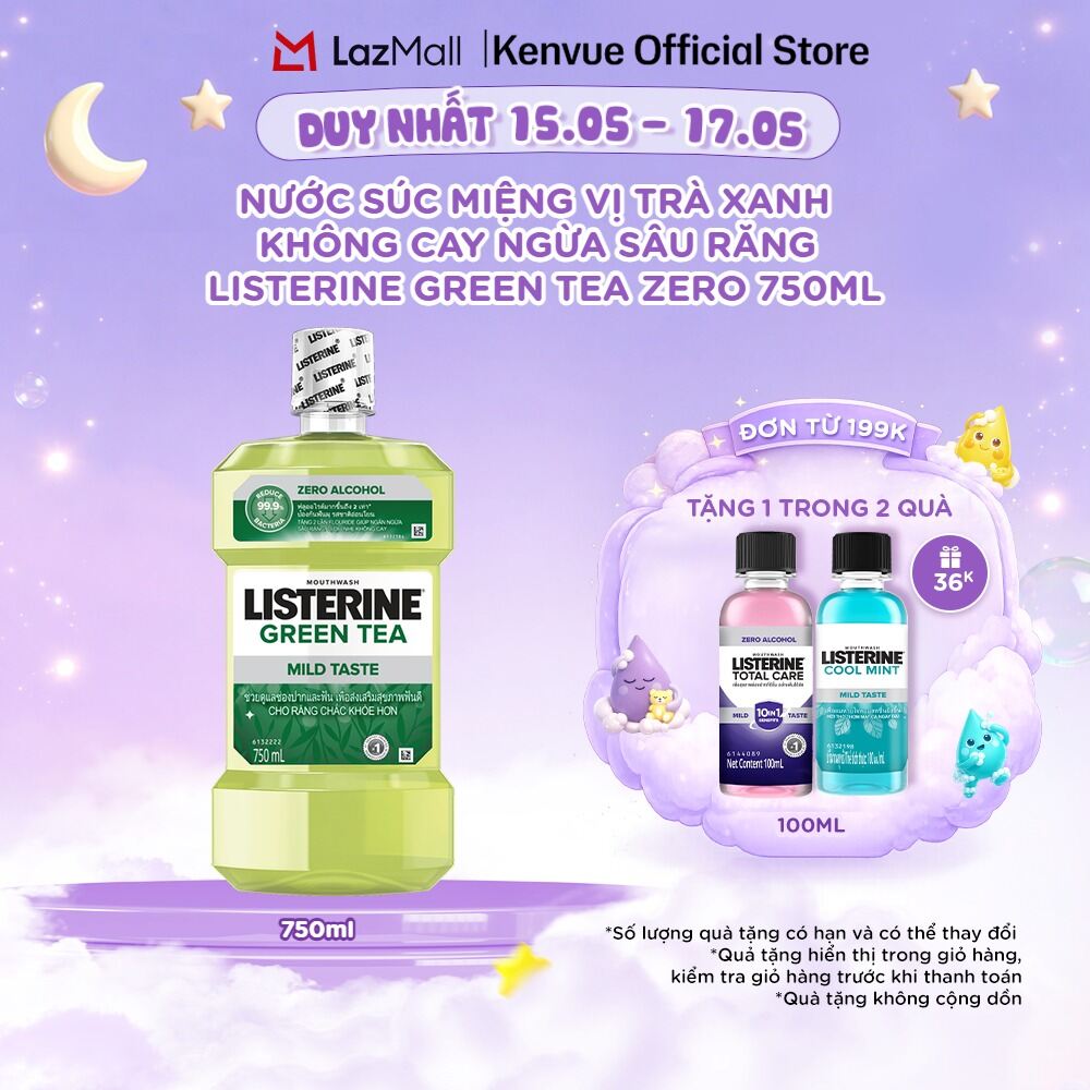 Nước Súc Miệng Ngừa Sâu Răng Vị Trà Xanh Không Cay Listerine Green Tea Zero Alcohol - Dung tích 750ml -  HSD T4/2026