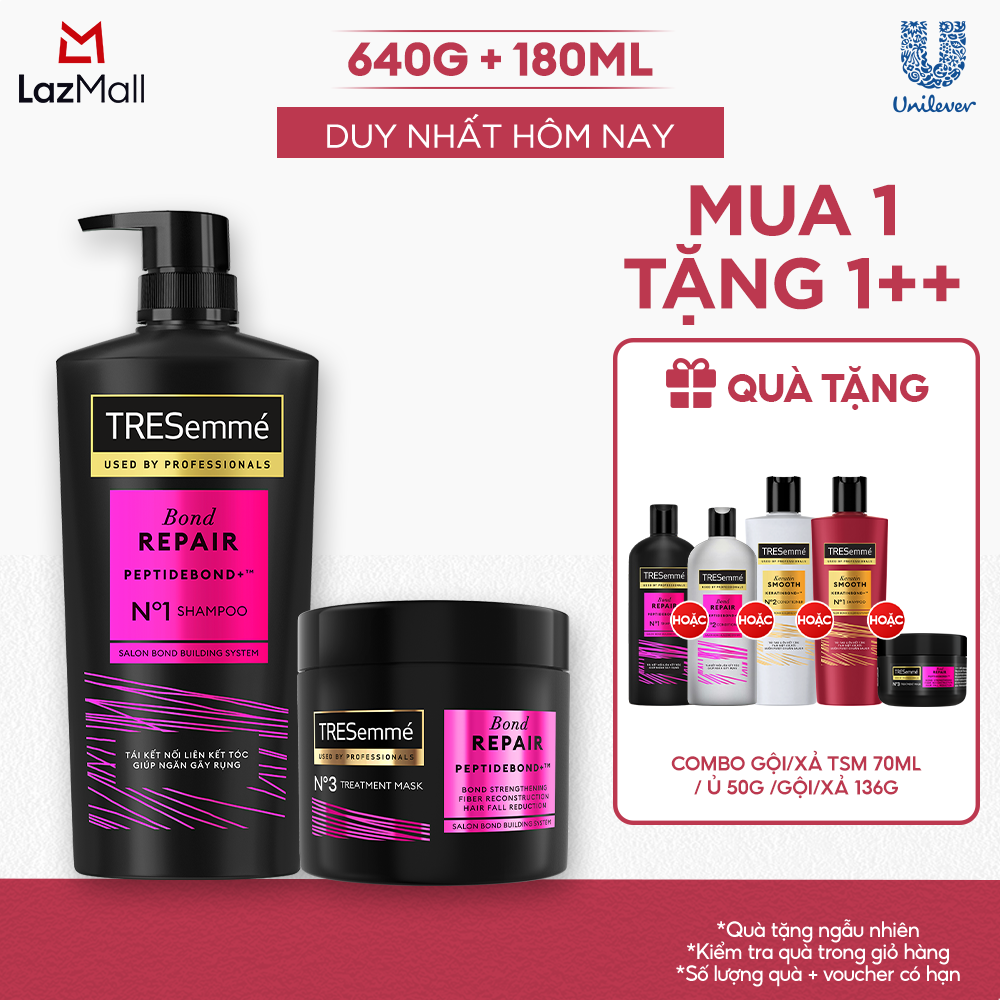 Combo Dầu Gội, Kem Ủ TRESemmé Bond Repair Peptidebond+ Cho Tóc Hư Tổn Do Tạo Kiểu, Giúp Ngăn Gãy Rụng 640g, 180ml