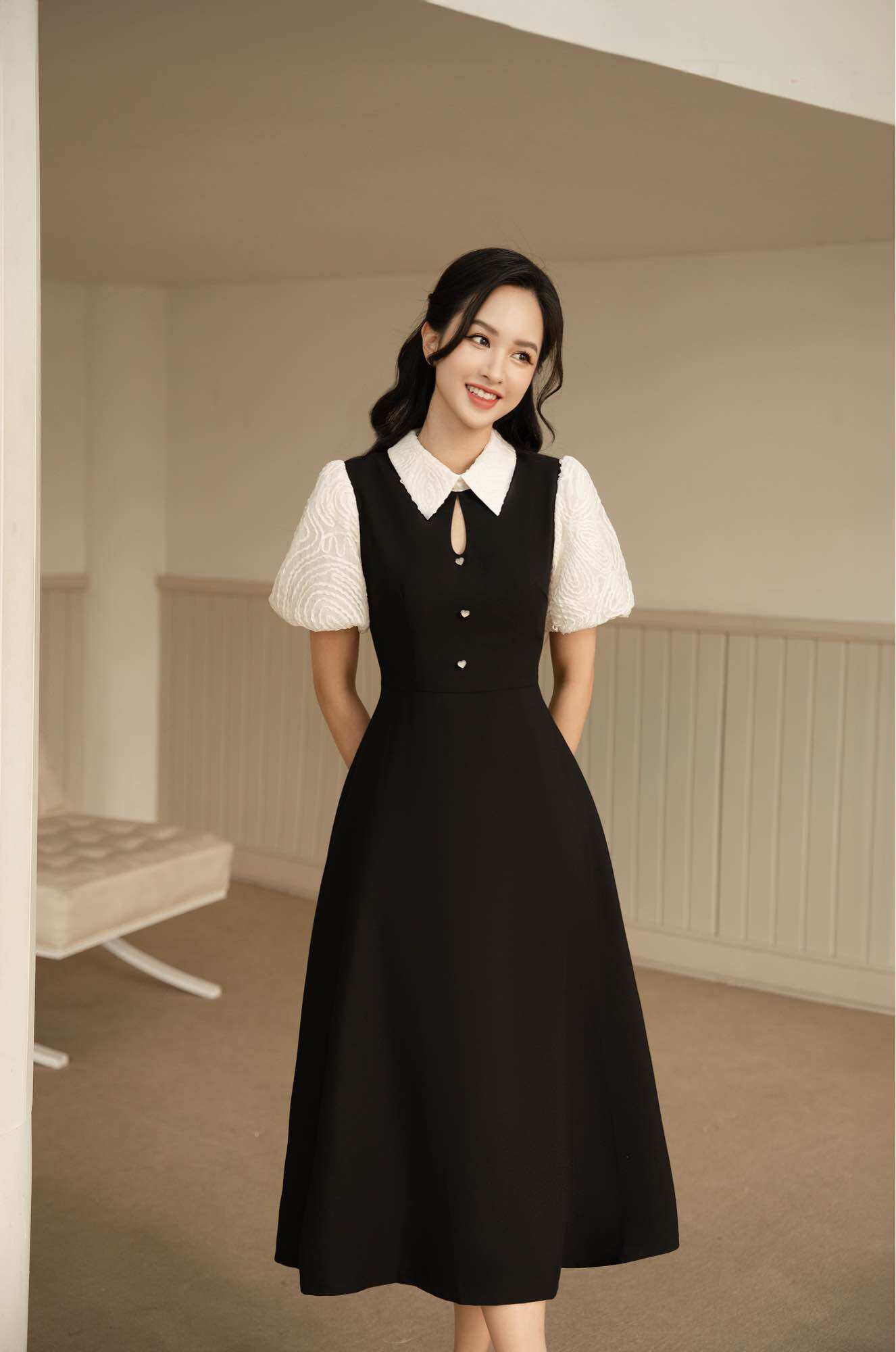 Váy dài phối tay cổ ren Linci dress