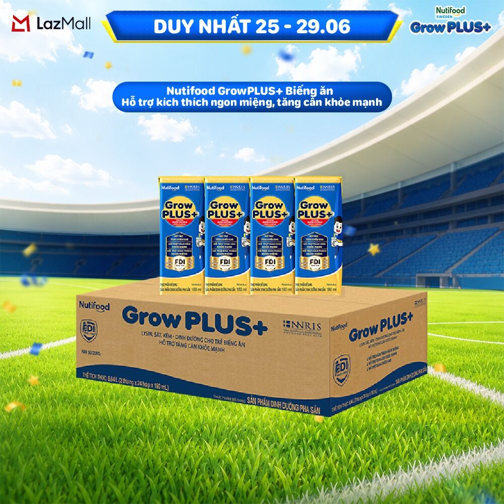 Thùng Sữa Bột Pha Sẵn Nutifood GrowPLUS+ Biếng Ăn 180ml - Hỗ Trợ Kích Thích Ngon Miệng, Tăng Cân Khỏe Mạnh - Trên 2 Tuổi (48 Hộp x 180ml)