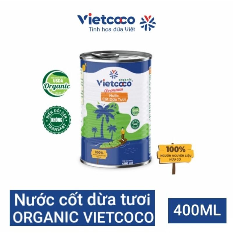 Nước cốt dừa tươi hữu cơ organic Vietcoco lon lớn 400ml đặc béo thơm ngon giàu dưỡng chất