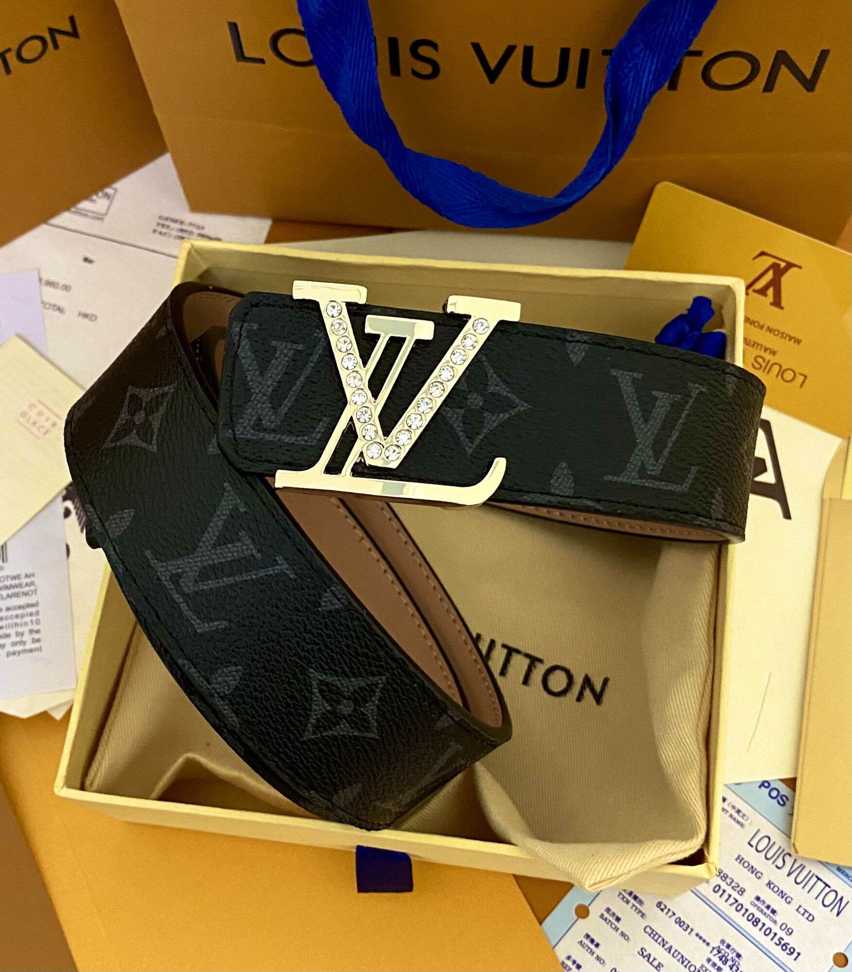 Thắt lưng lv nam, dây nịt lv nam đính đá vàng, tặng hộp thẻ đầy đủ