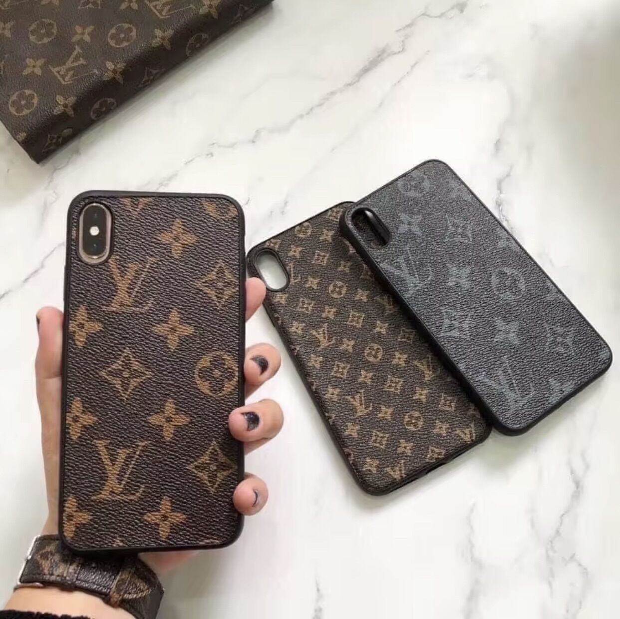 LV texture leather back phone case for iPhone protection plastic mobile phone