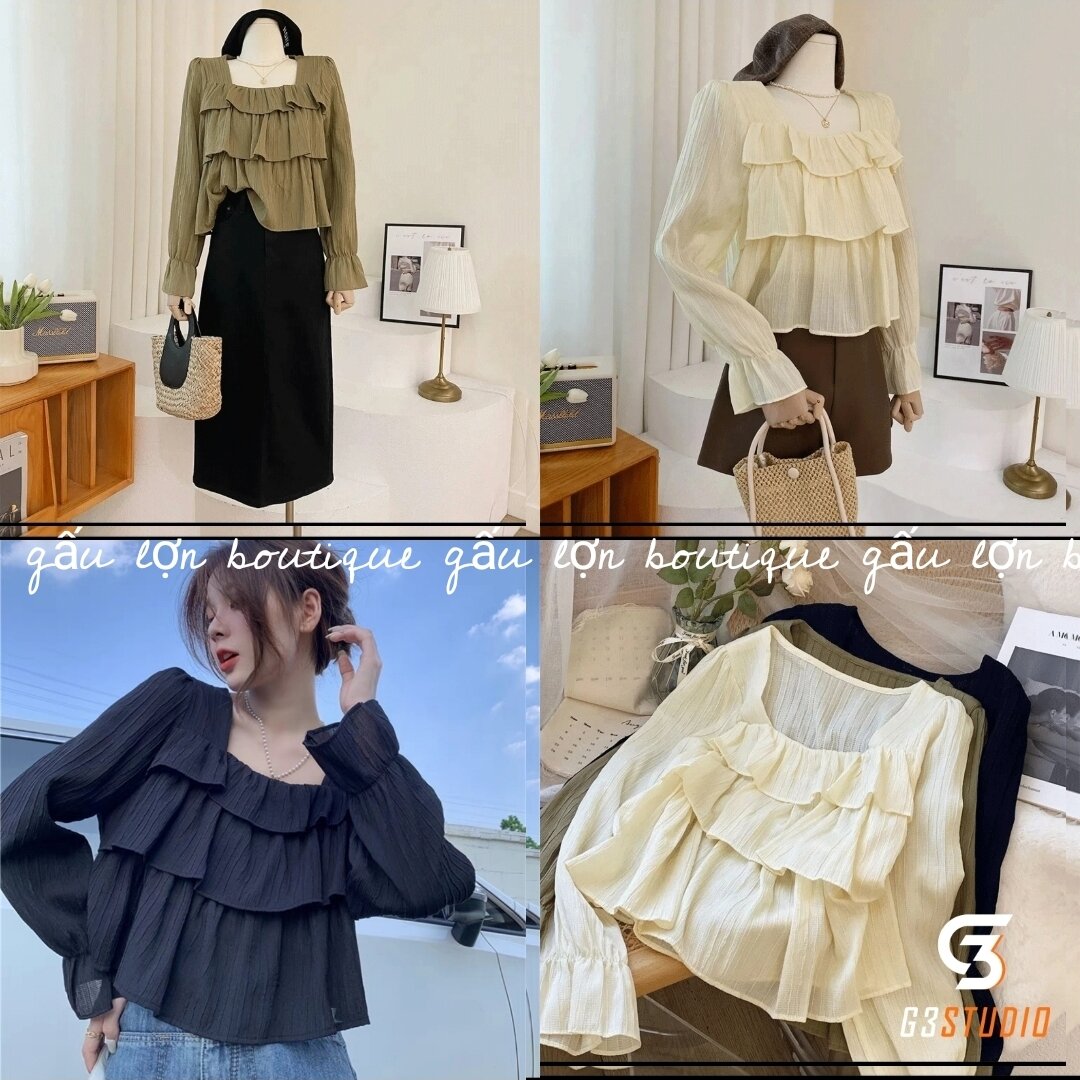 Áo babydoll cổ vuông bèo 3 tầng hàn quốc
