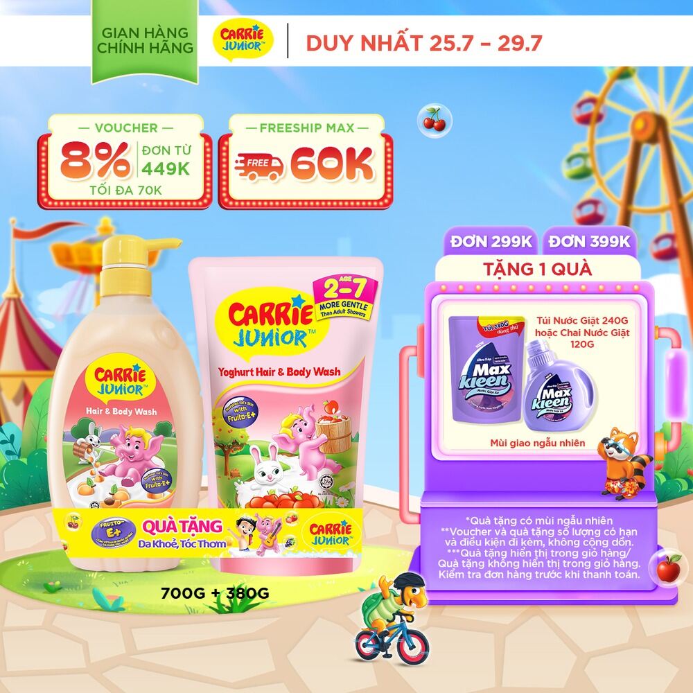 [TẶNG TÚI 380G] Sữa Tắm Gội Cho Bé Carrie Junior Hương Mơ Tây 700g